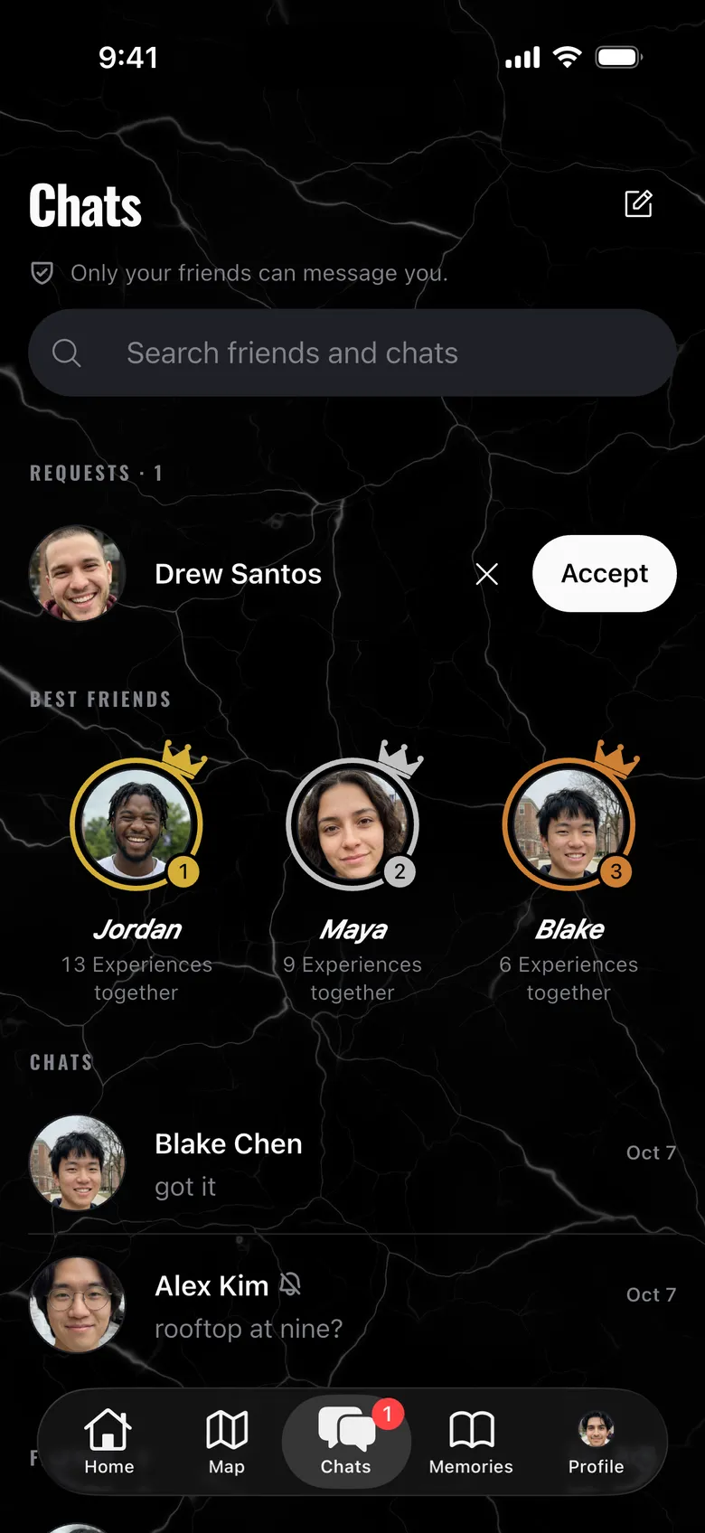 Chats in Flick’d Up: a friend request from Drew, Jordan, Maya and Blake crowned gold, silver and bronze as best friends, and the latest chats.