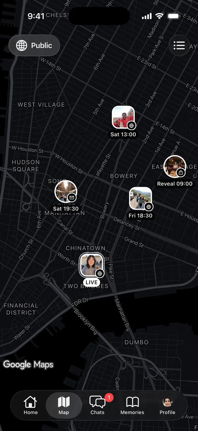 The Flick’d Up map of Lower Manhattan: five experiences, each pin its own photo, one marked live.