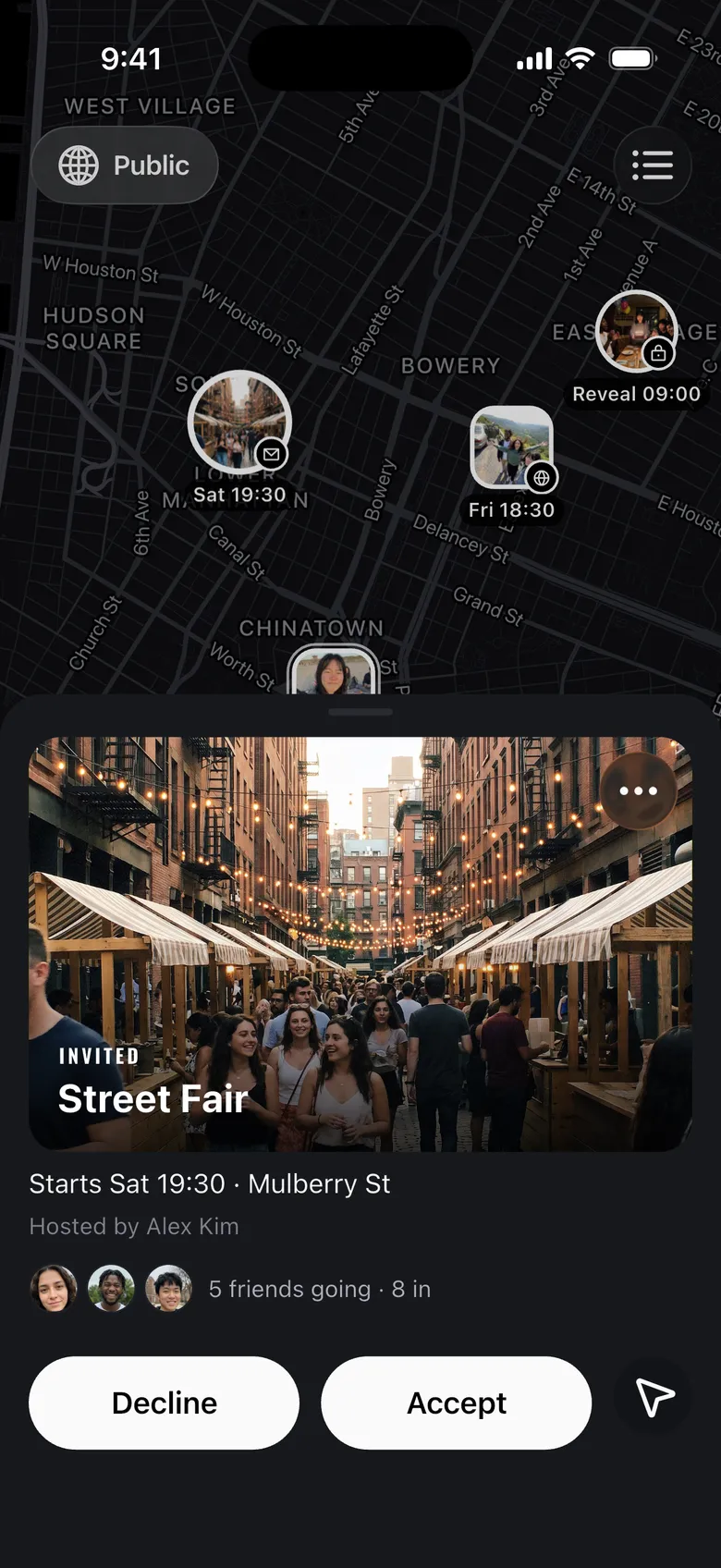 Tapping the Street Fair pin: an invite from Alex Kim for Saturday on Mulberry St, 5 friends going, with Decline and Accept.