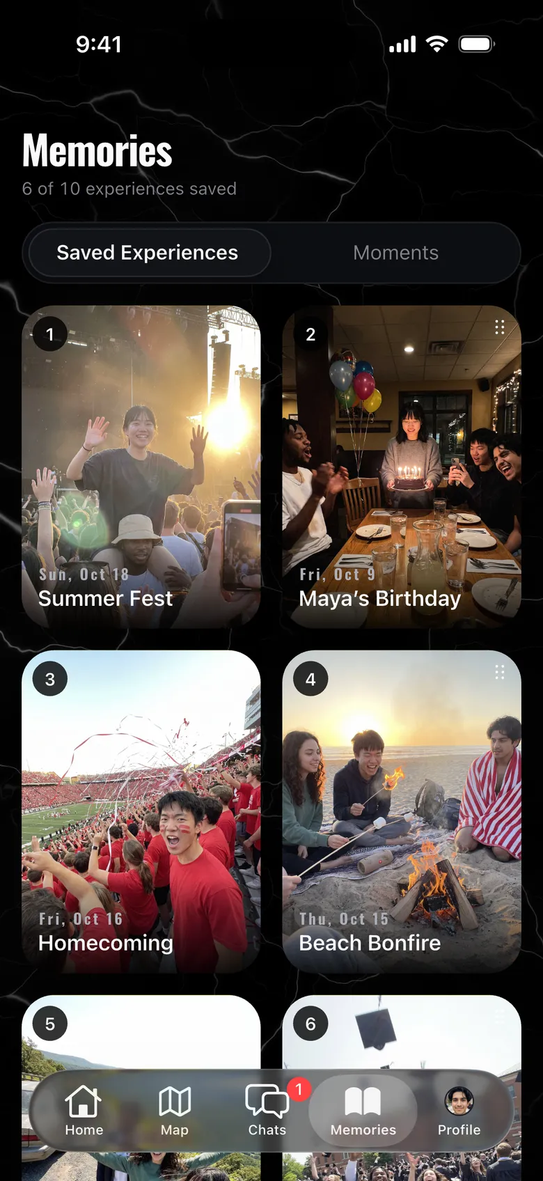 Memories: six saved experiences, from Summer Fest and Maya’s Birthday to Homecoming and a beach bonfire.